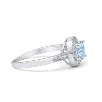 Halo Art Deco Wedding Engagement Ring Round Simulated Aquamarine CZ 925 Sterling Silver